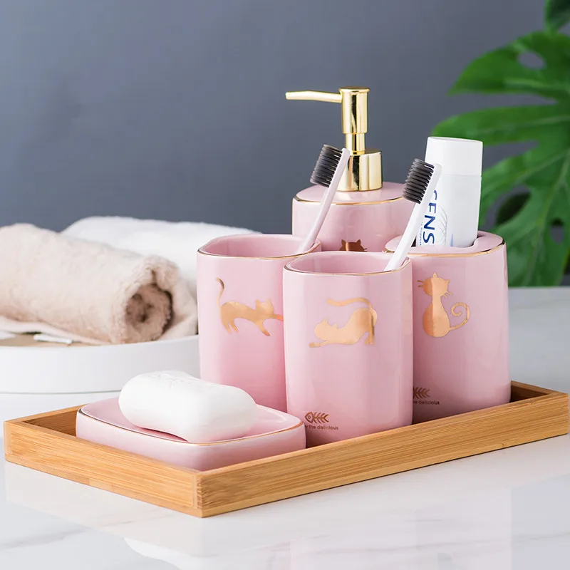 Pink Ceramic Bathroom Set Bathroom Accessories Lotion Bottle Emulsion Bottle Mouthwash Cup Soap Dish Wooden Pallet Wash Set