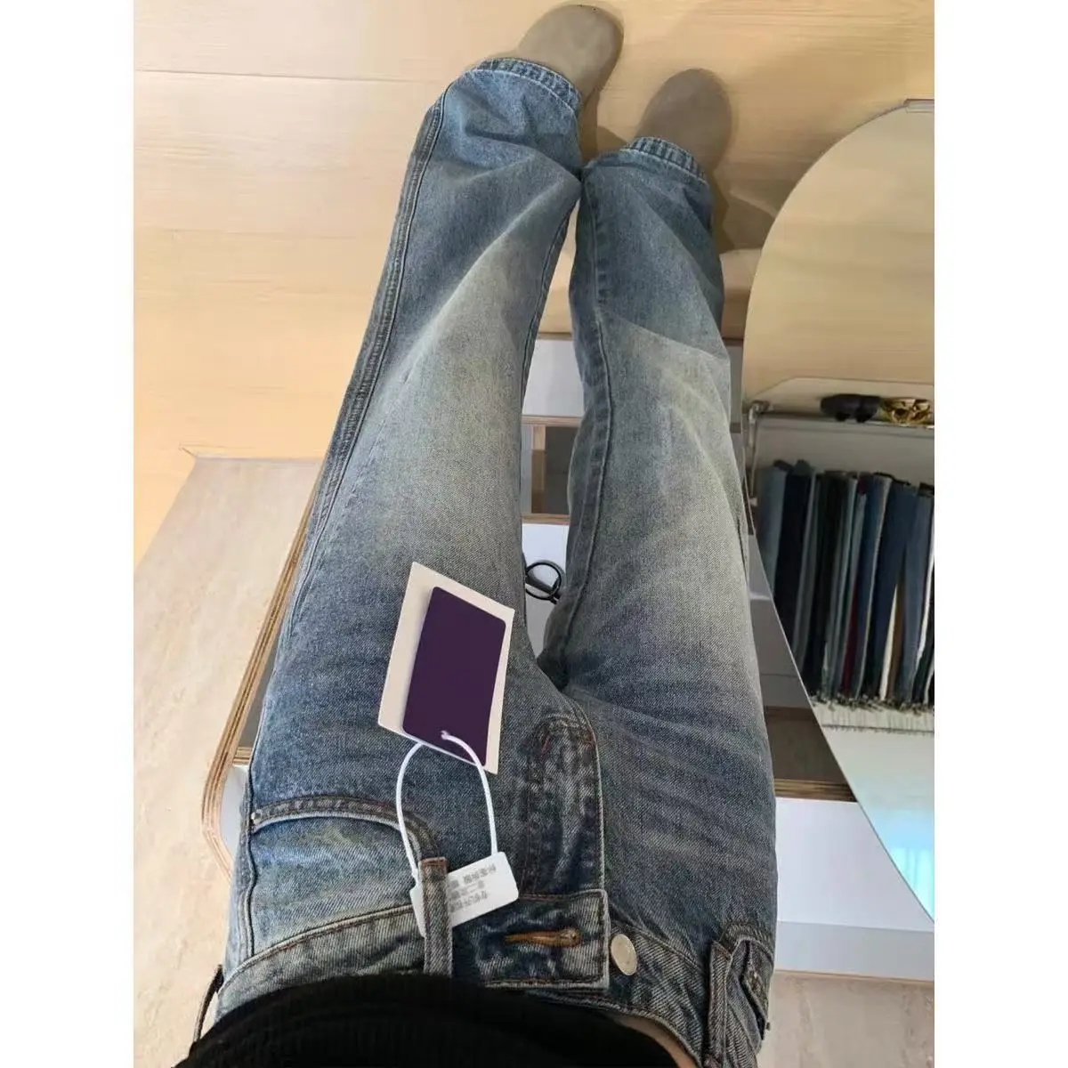 

American Retro Flared Jeans Women's Low Waist Design Slimming Not Legging Pants Summer Casual Wear Stand Fit Cotton Blend