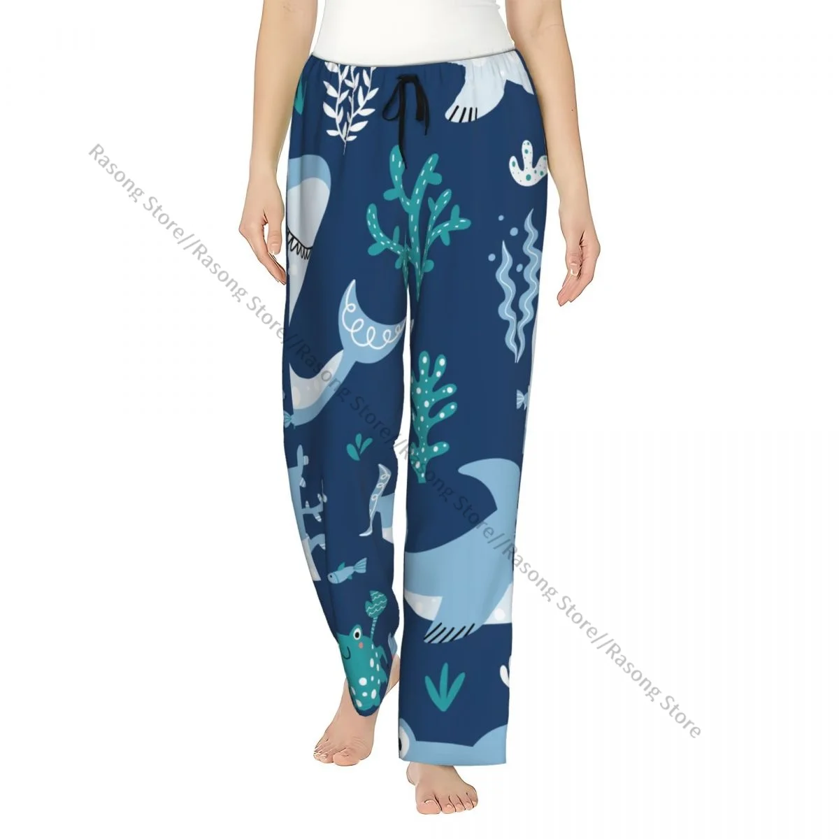 

Cozy Flannel Pajama Pants for Women Cartoon Sharks And Fishes With Sea Plants Sleep Bottoms Home Loungewear