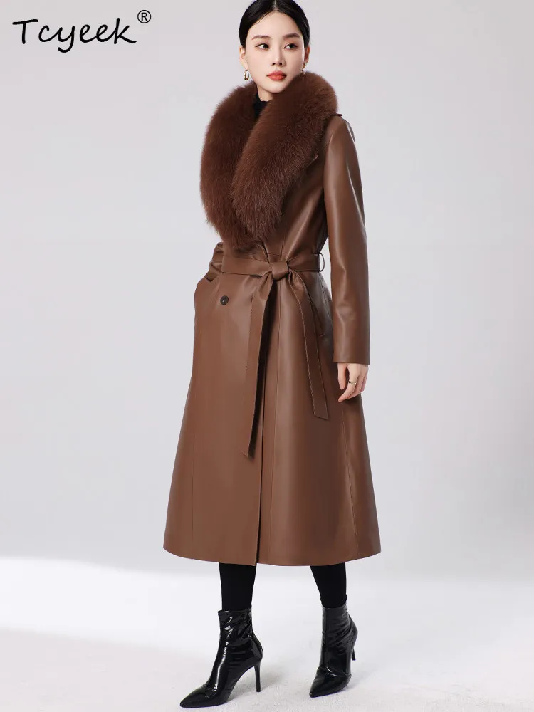 Tcyeek Sheepskin Real Leather Jacket Women Windbreaker Woman Belt Goose Down Liner Detachable Winter Clothes Fox Fur Collar