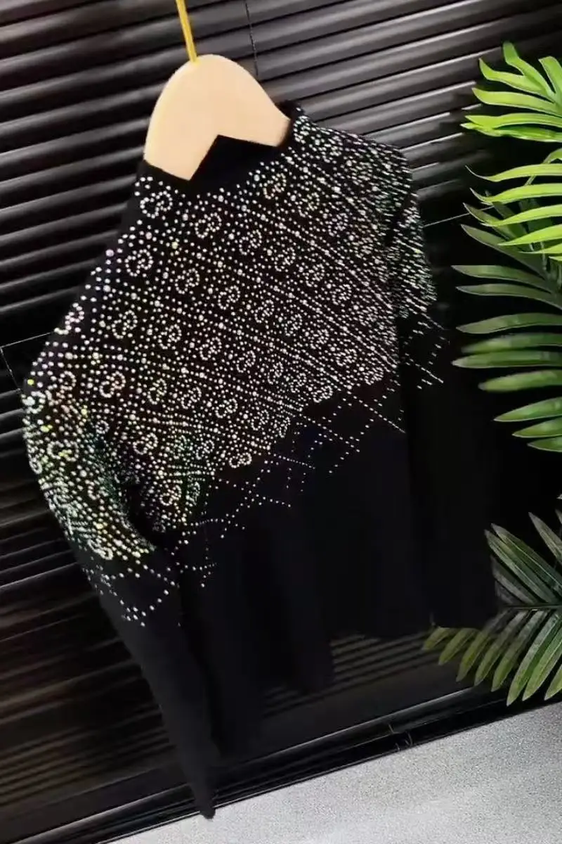 

Luxury Sparkle Diamonds Hot Drilling Sweater Women Autumn Winter Mock Neck White Black Knitwear Top Knitted Bottoming Pullovers