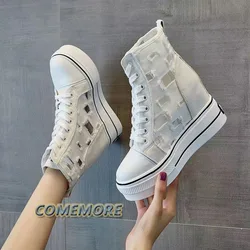 Inner Increase White Shoes 2023 New High-top Canvas Spring Autumn Women Hollow Breathable Casual Thick-soled Women Sneaker Shoes