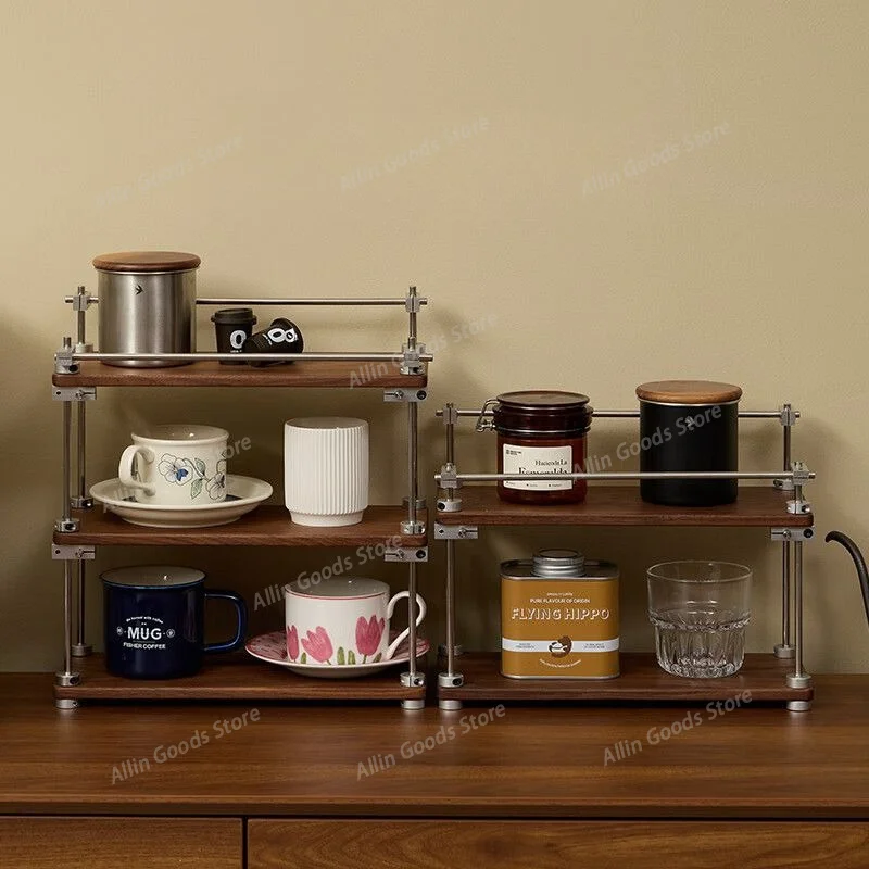 Retro Black Walnut Wood Tabletop Shelf Adjustable Large-capacity Multi-layer Mug Water Cup and Tea Set Storage Tool Accessories