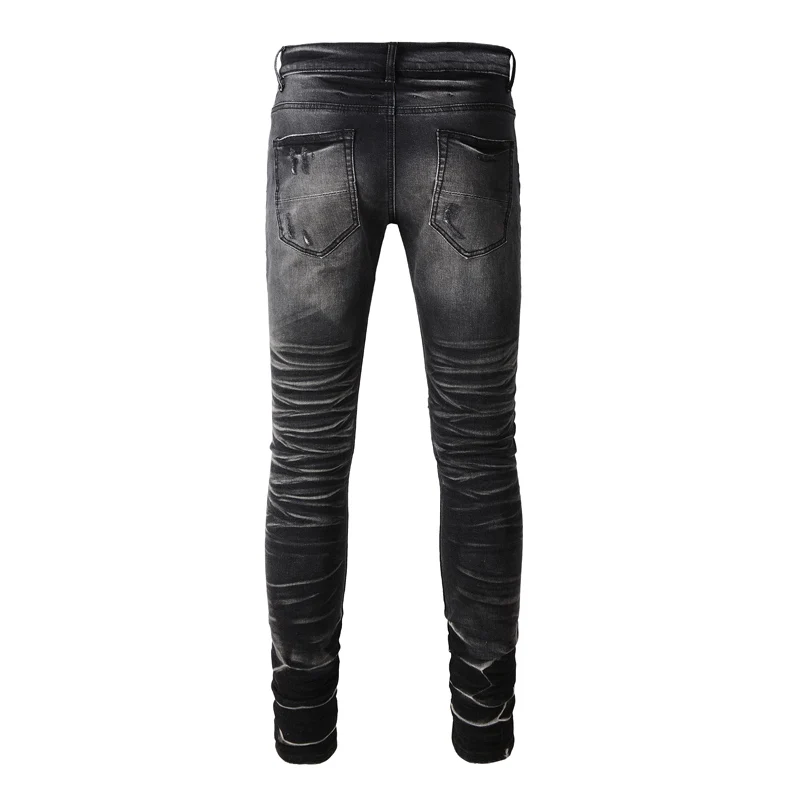 High Street Designer Fashion Men Jeans Retro Black Gray Stretch Slim Fit Patched Ripped Jeans Men Brand Hip Hop Y2K Denim Pants