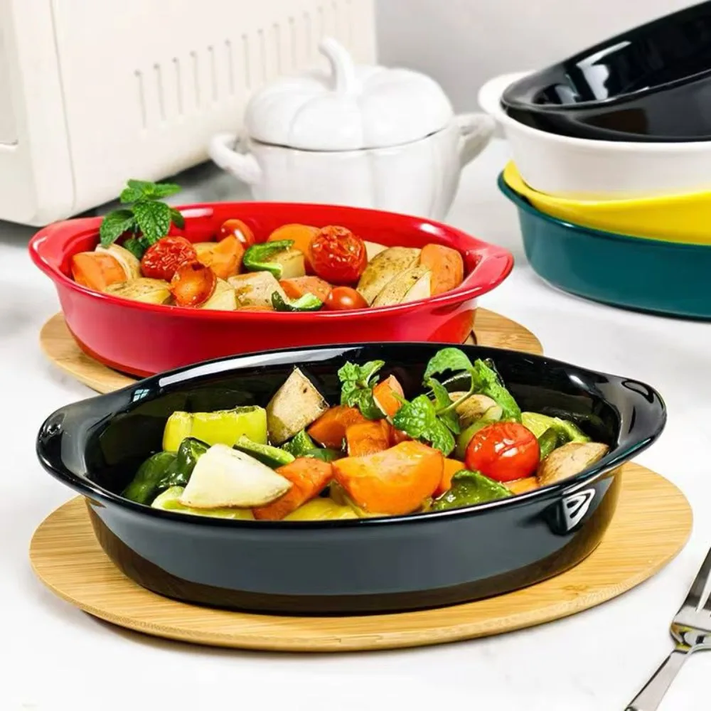 

French Rainbow Ceramic Cheese Baked Rice Bowl Household Oven Special Tableware Double Ear Baking Plate Bowls Microwave