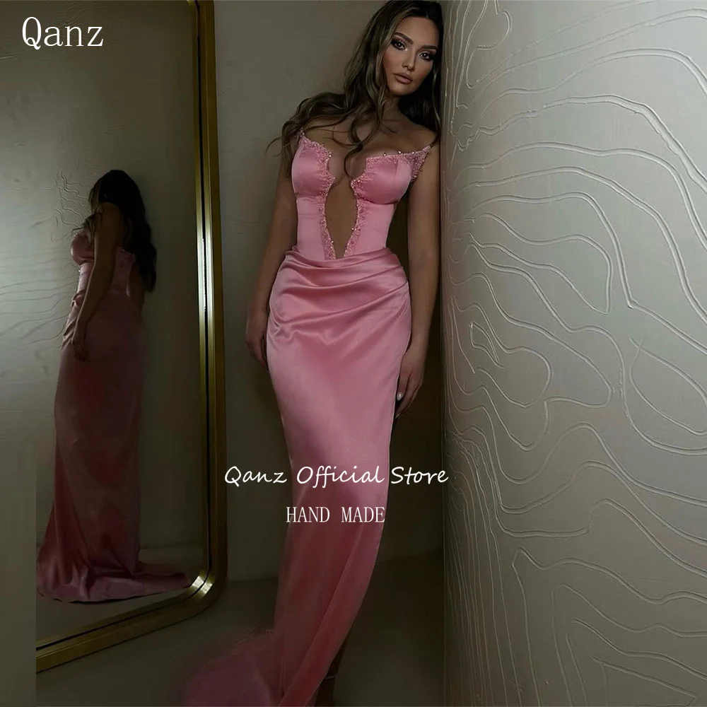 Qanz Pink Crystal Evening Dresses Sexy Sweetheart Mermaid Satin Dresses 2025 Women Backless Prom Dresses Luxury Customized