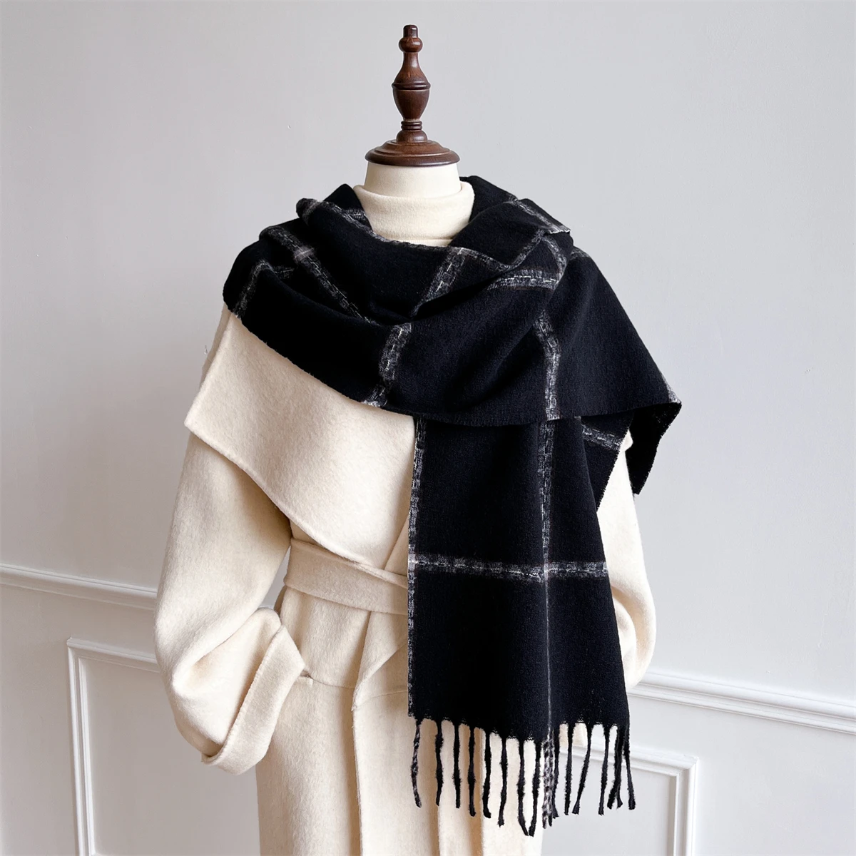 

Winter Women Men Scarf Thick Warm Tassels Shawls Pashmina Stripe Designer Neckerchief Cashmere Lady Outdoor Luxury Cold-Proof