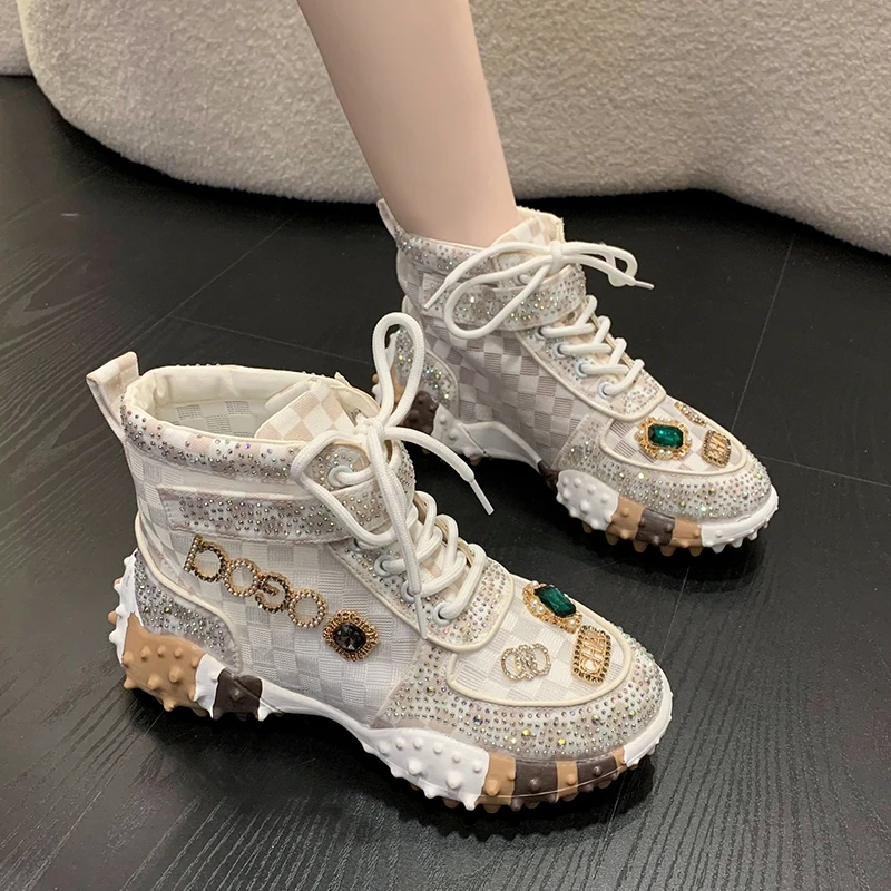 Women Casual Sneakers Luxury Designer Boots Rhinestone Diamond High-Top Thick Bottom Shoes Female Tennis Trainers Walking Shoes