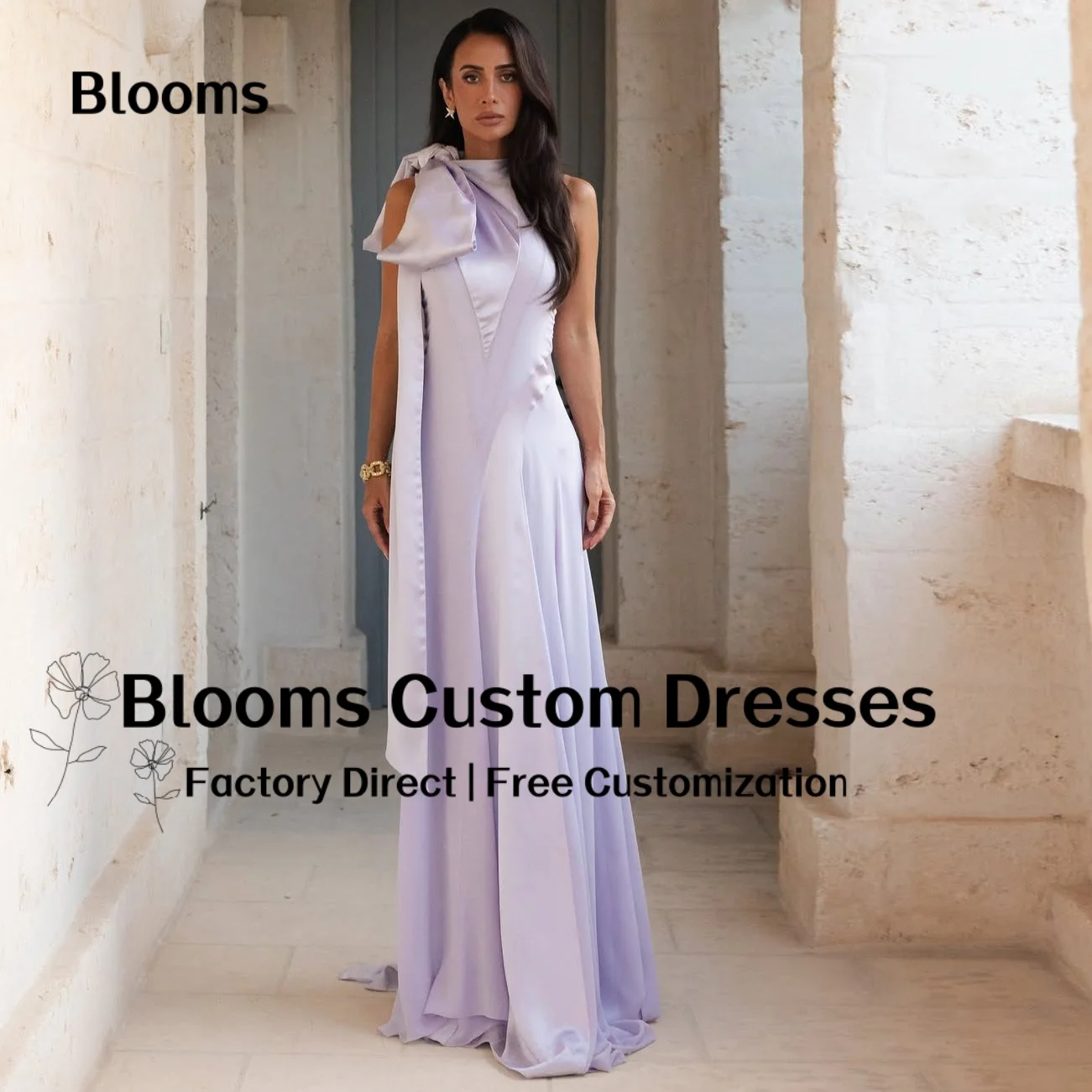 Customized Halter Lavender Satin Fomal Evening Dress Elegant Party Dress with Big Bow Prom Gown for Women