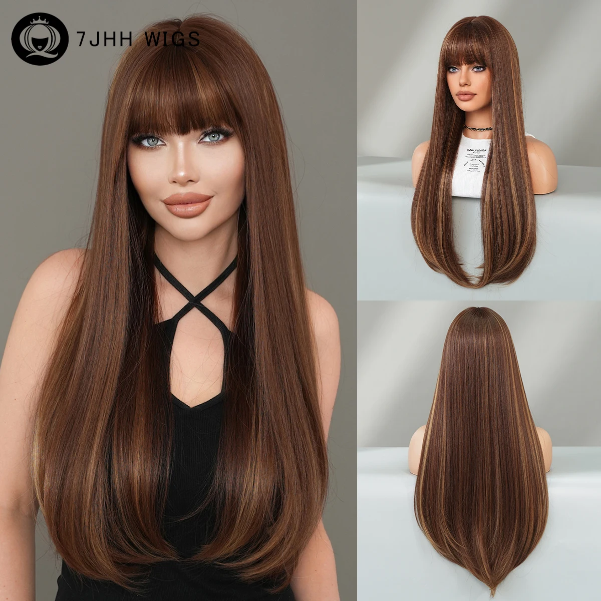 7JHH WIGS Long Straight Light Brwon Wigs with Neat Bangs High Density Synthetic Heat Resistant Hair Wig for Women Daily Party