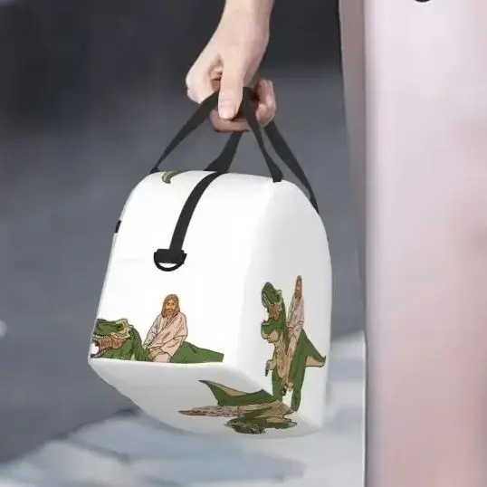 

Jesus On Dinosaur Lunch Bags Insulated Bento Box Waterproof Lunch Tote Leakproof Picnic Bags Thermal Bag for Woman Kids Travel