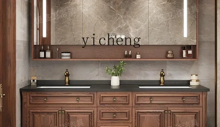 

1 rock slab bathroom cabinet combination bathroom washbasin solid wood floor type intelligent double basin washbasin