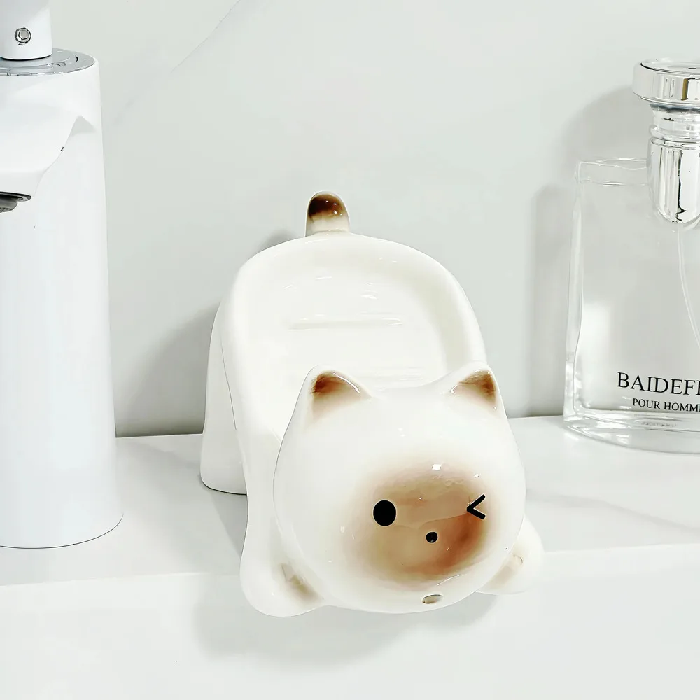 

Cute Ceramic Kitten Soap Dish, Drain Soap Holder with Storage Box, Creative Toilet Shelf Bathroom Accessories