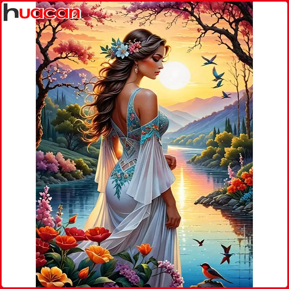 Huacan 5D-Diamantgemälde zum Selbermachen, Lady Sunset River, Diamantmosaik, Porträt, neue Kollektion 2025, dekorative Gemälde