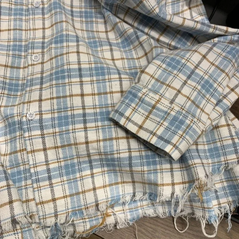 EBAIHUI Color Blocking Fringed Plaid Men\'s Long Sleeved Shirt Korean Simple Versatile Male Blouse Autumn Loose Casual Jacket