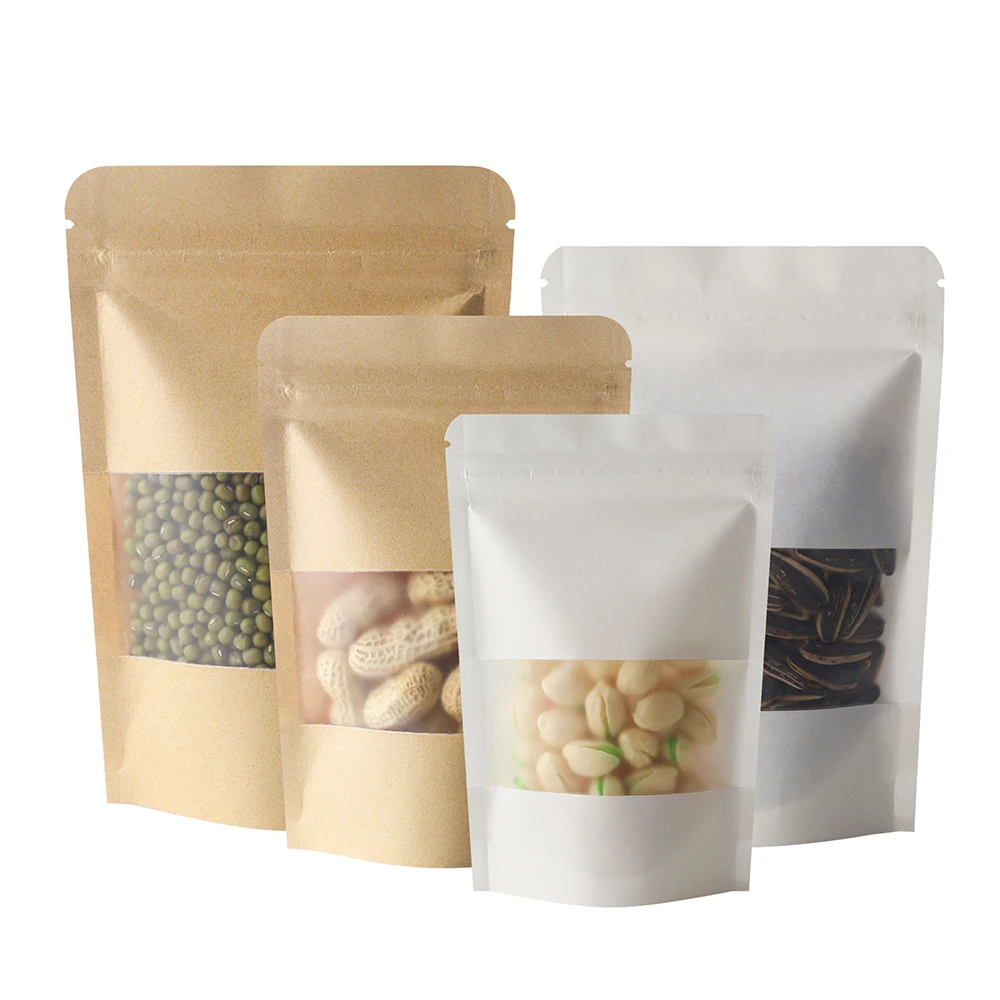 Bulk Packaging Kraft Paper Visible Window Upright Mylar Bags Gift Candy Coffee Bean Packaging Bags Zipper Bone Self-Sealing Bags