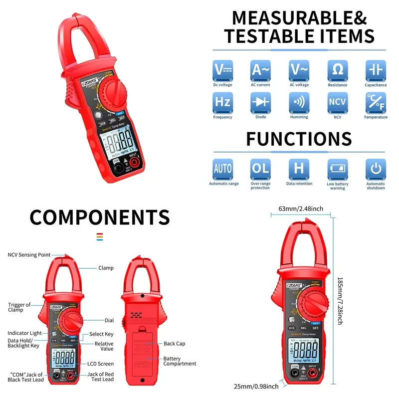 4000 Counts Auto-ranging Digital Clamp Meter Multi Tester for Measuring DCV/ACV/ACA with Backlight LCD Screen Displaying
