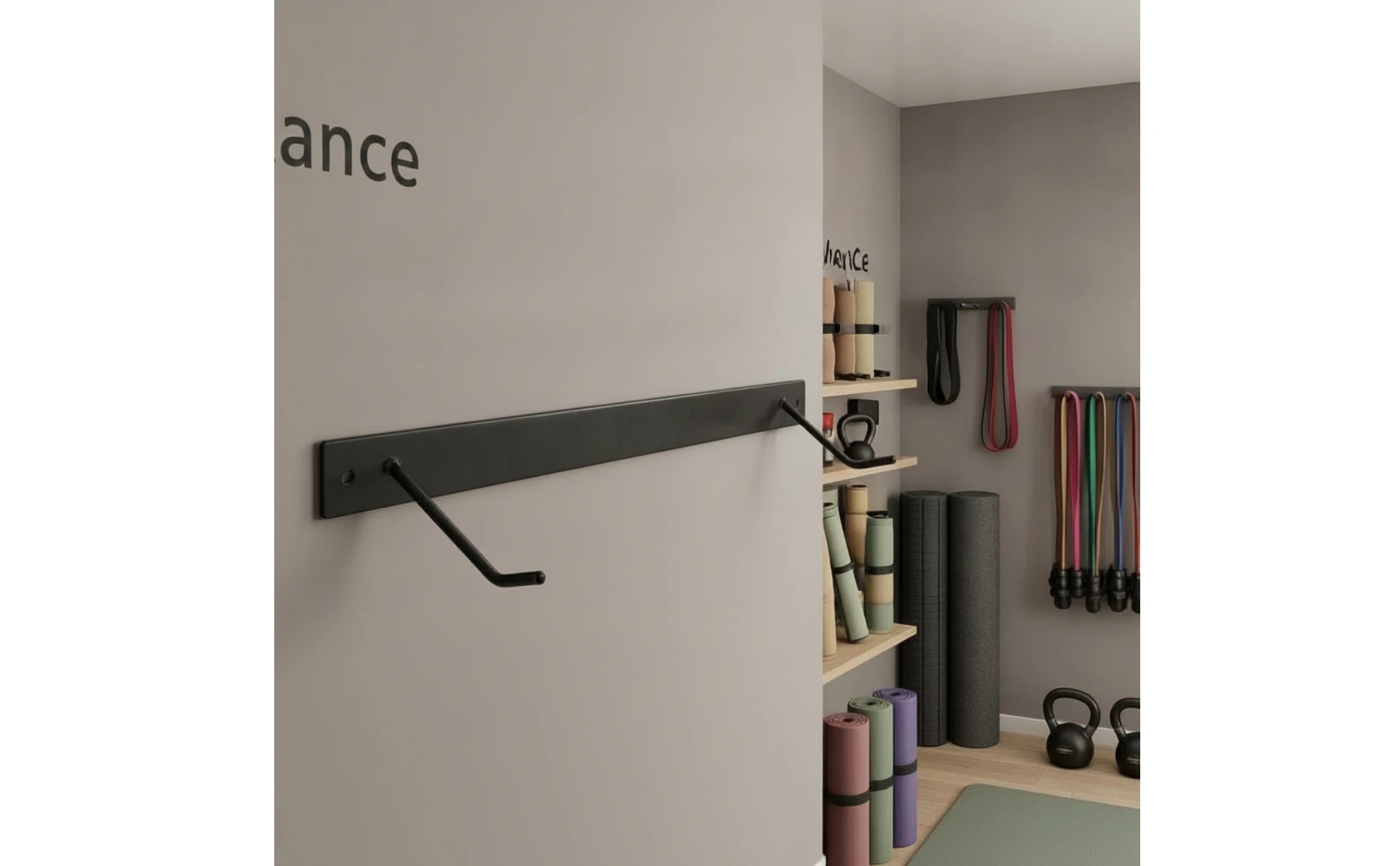 Fitness Mat Storage Rack Metal Fitness Mat Rack Shelf with Hooks Heavy-Duty Sturdy for Yogis, Home Gym, Workout Room