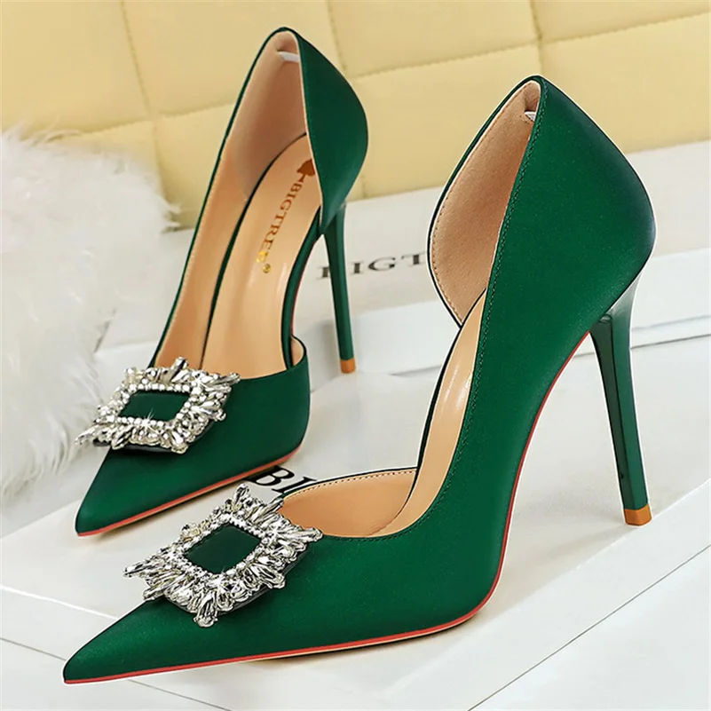 Women 10.5cm High Heels Women Satin Silk Crystal Bling Rhinestone Pumps Lady Wedding Bridal Scarpin Green Purple Blue Prom Shoes