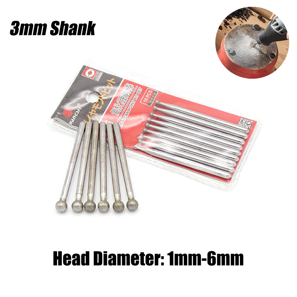 1/10 قطعة 1 مللي متر-6 مللي متر الكرة الماس و CBN رأس مطحنة لدغ نقطة 3 مللي متر عرقوب نحت لقم نحت ل اليشم الزجاج دريمل أدوات دوارة #3