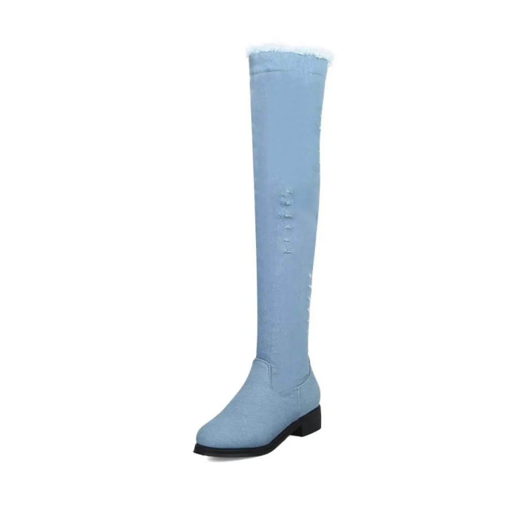 Women Inner Side Zipper Distressed Denim Over The Knee Boots 3.5CM Low Block Heel Fleece Lined Tall Boots Size 32-48 9702