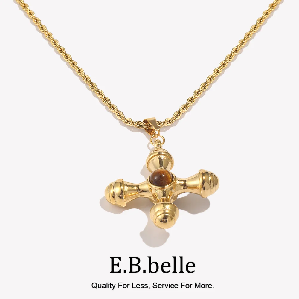 E.B.belle Brown Color Agate Rudder Shape Pendant Necklace 18K Gold Plated Stainless Steel Twists Chain Natural Stone Necklace