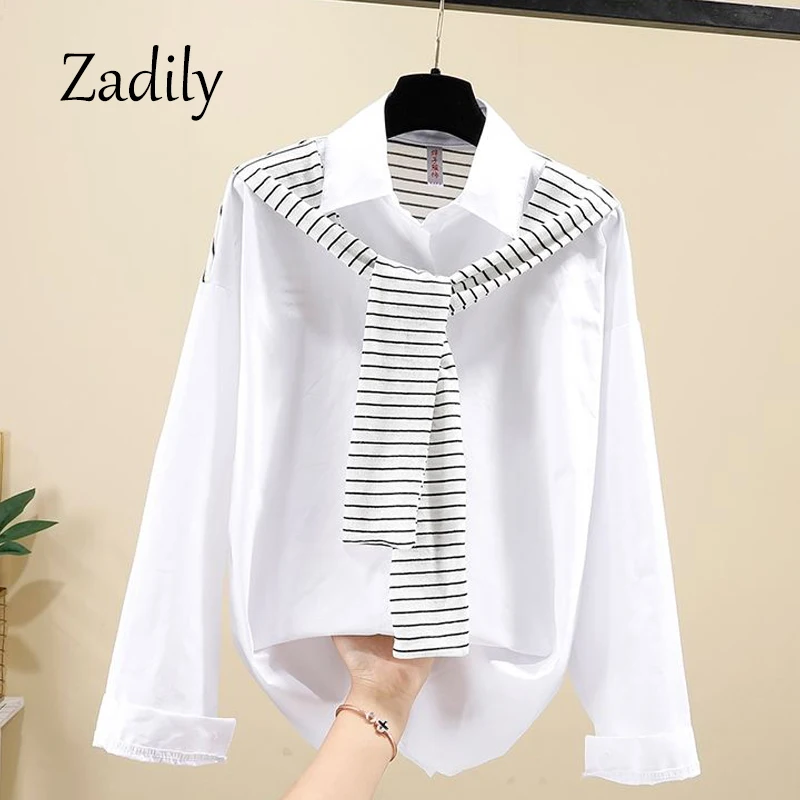 2024 Autumn Casual Long Sleeve Women White Shirt Blouse Korea Style Button Up Patchwork Tunic Fake Two Pieces Shawl Top Clothing