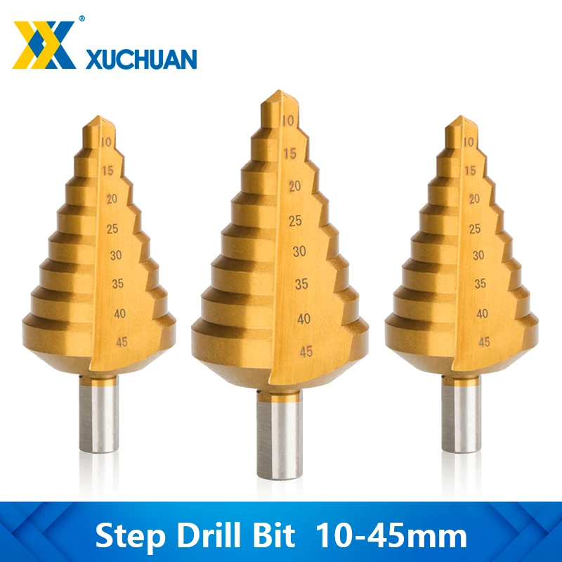 

10-45mm Step Drill Bit HSS Metal Drill Bit Triangle Shank Metal Hole Cutter Drilling Tool Titanium Coated Step Cone Drill