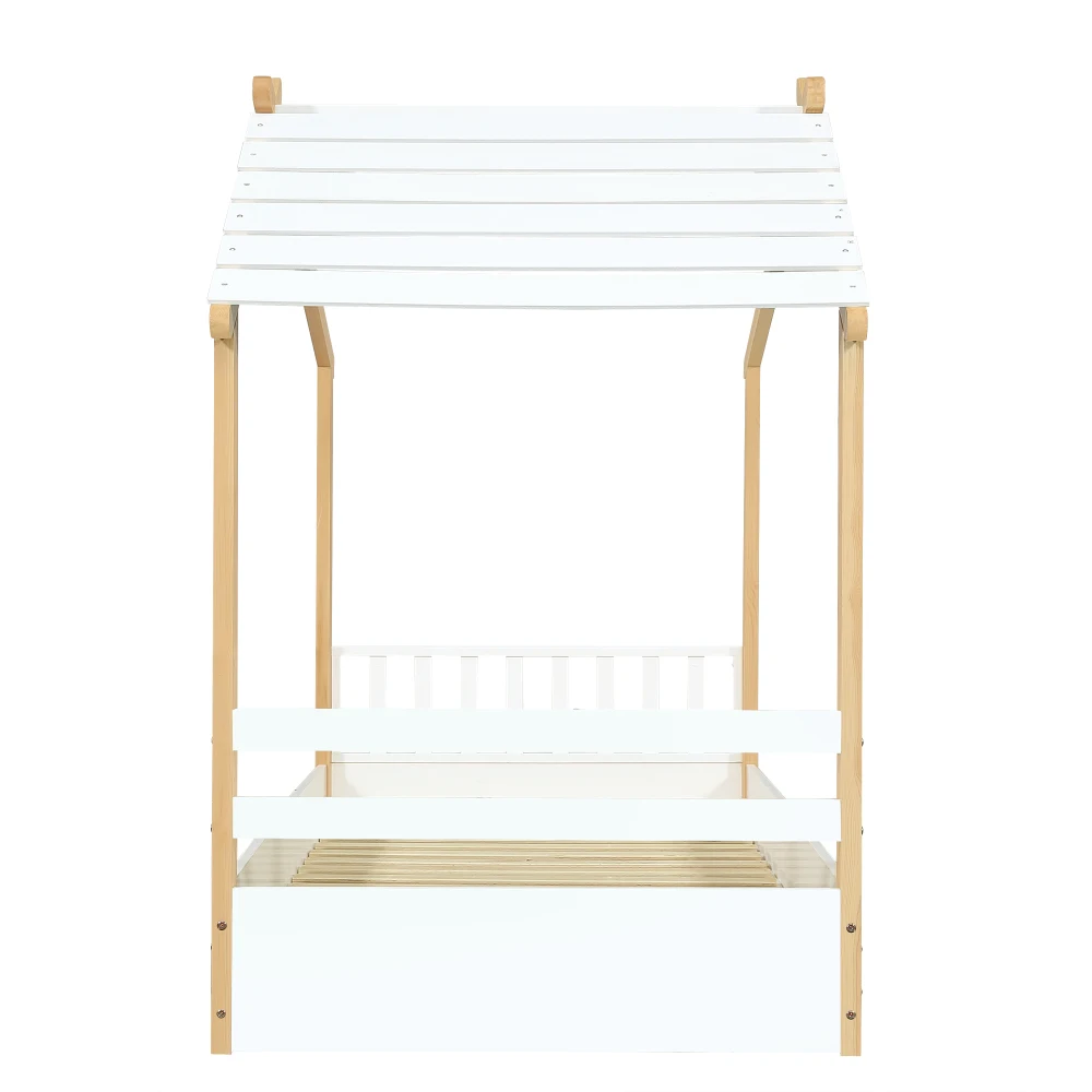 PINGGO Weißes Naturholz-Einzelbett 90x200cm Hausdesign Lattenrost Kiefer+Spanplatte+MDF Ohne Matratze – Detail 16