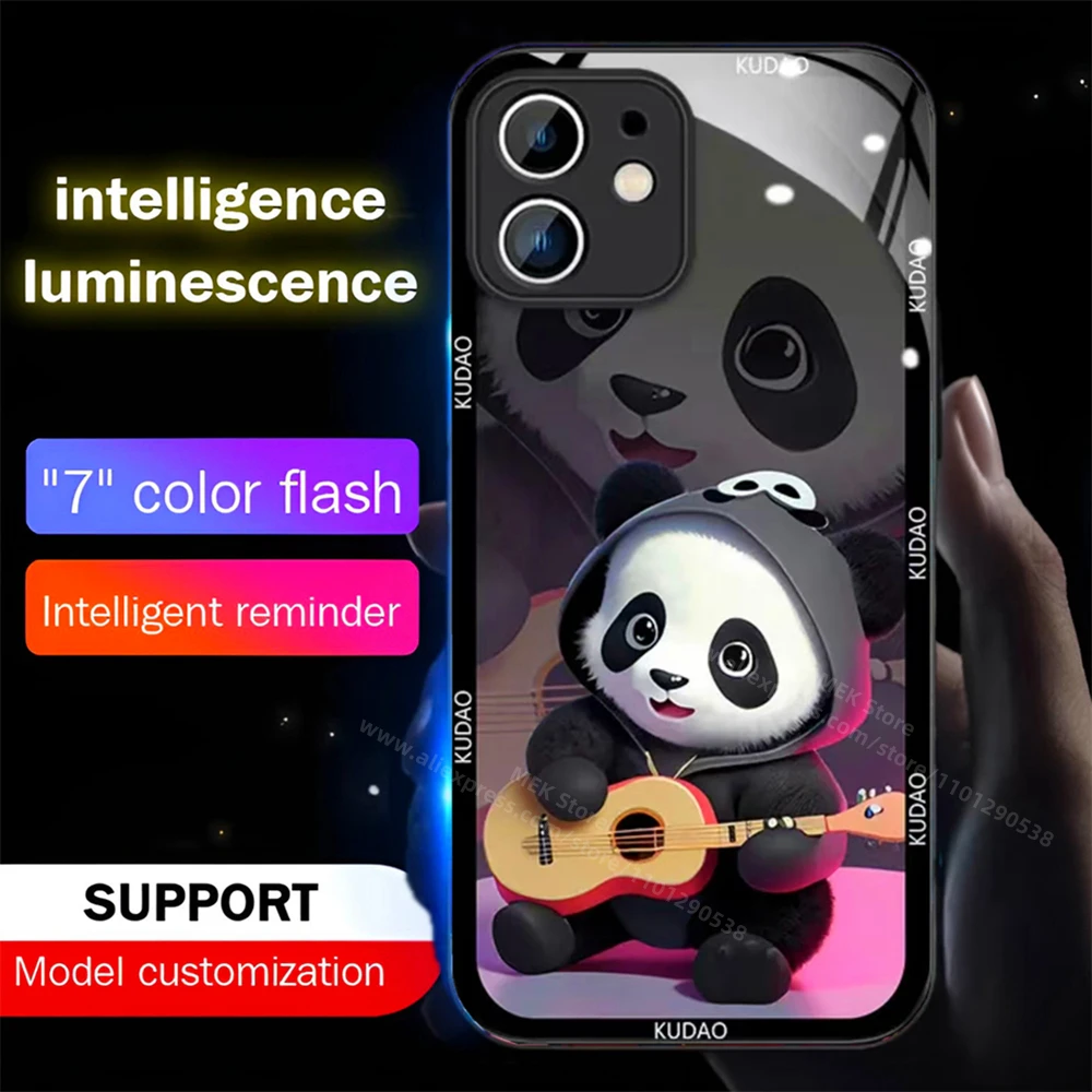 So Cool Guitar Panda LED Light Glow Luminous Tempered Glass Phone Case For Samsung S24 S23 S22 S21 S20 FE Note 10 20 Plus Ultra