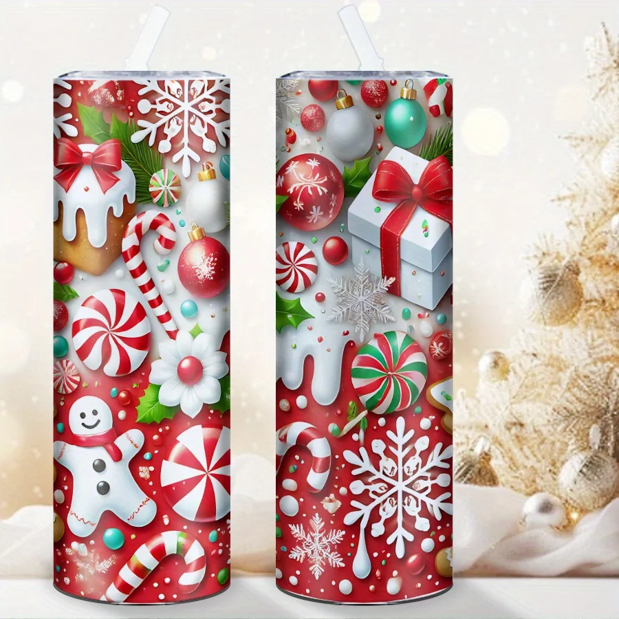 1pc, 20oz Stainless Steel Tumbler, 3D Printed Candy/Snowflake Pattern, Large Capacity Slim Cup with Straw and Lid, Insulated Christmas Water Bottle, Ideal for Christmas Party Decor, Gift, Family Travel Cup, Car Interior Accessory