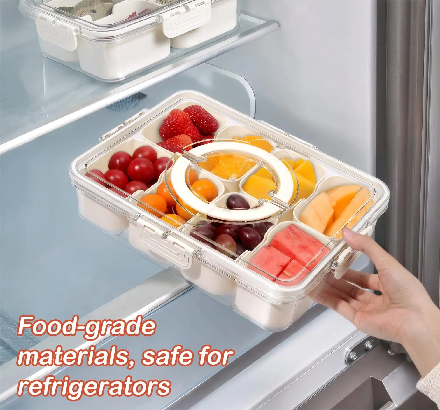 Snackle Box Container with Lid Handle Divided Clear Snack Box Serving Tray Refrigerator Organizers and Storage for Fruit Veggie