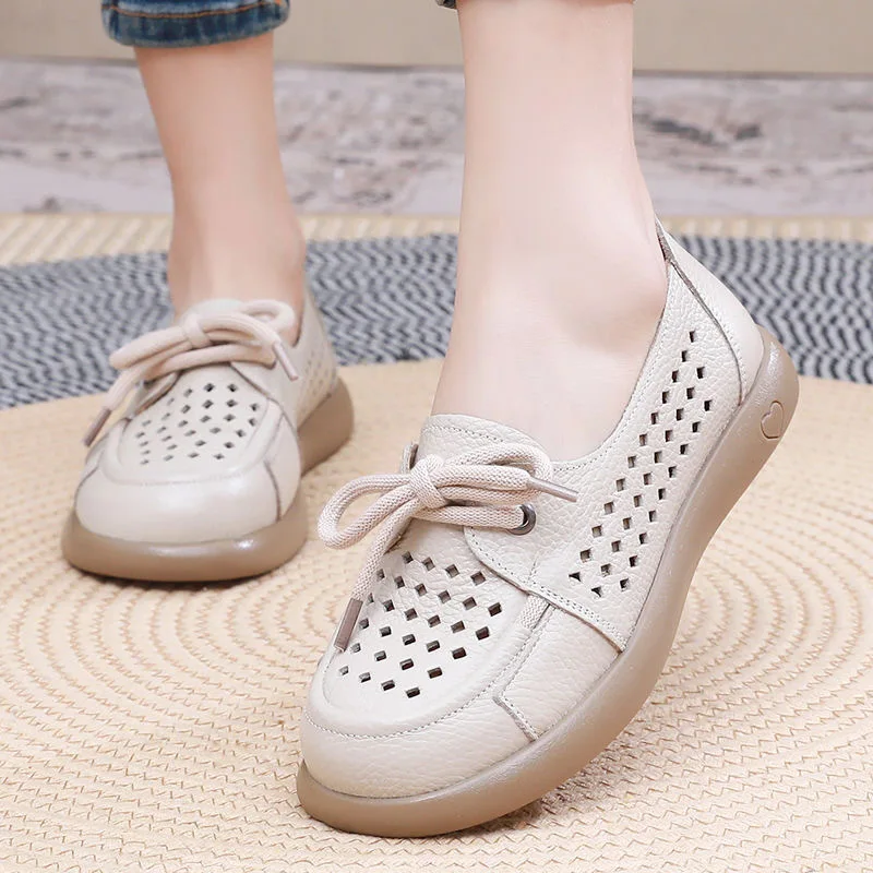 

Newest Handmade Cow Leather Flats Women's Shoes Summer Loafers Woman Laced Up Moccasin Vintage Oxfords Shoes Ladies Wings Flats