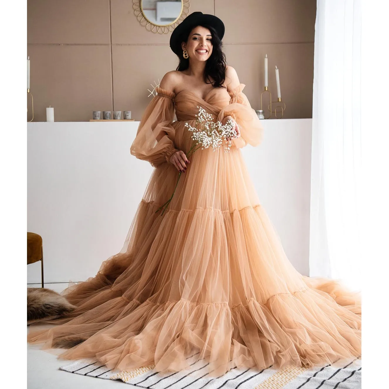 

Modest Bridal Sweetheart Puffy Tulle Maternity Dresses With Removable Sleeves Tulle Maternity Gowns For Photo Shoot Baby Shower