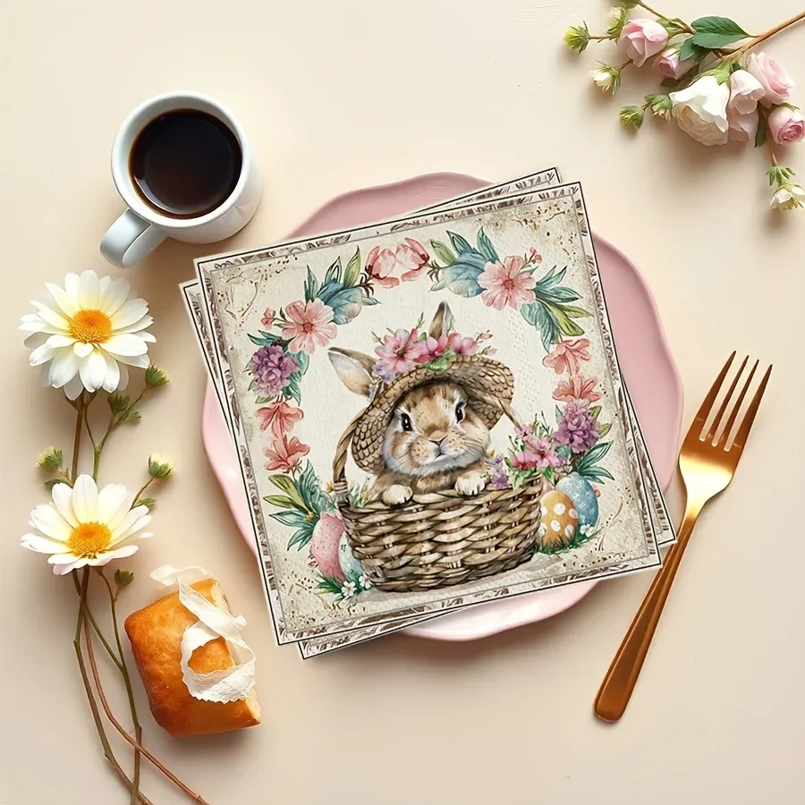 Easter Bunny Flower Basket Napkins Sqaure Disposable Paper Placemat for Party Holiday Event Dinner Table Setting Decoration