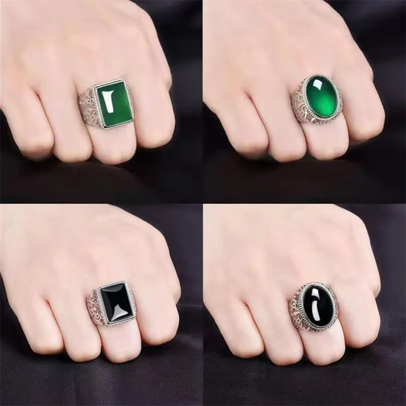 

Sterling silver 925 inlaid with emerald and chalcedony open ring, a high-end ring jewelry gift for women's temperament