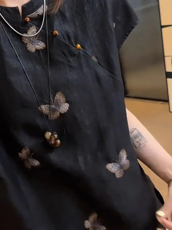 

Ele Bla Embroidery Stand Collar ort Sve irt Women's Summer plus Size Unique Beautiful Top