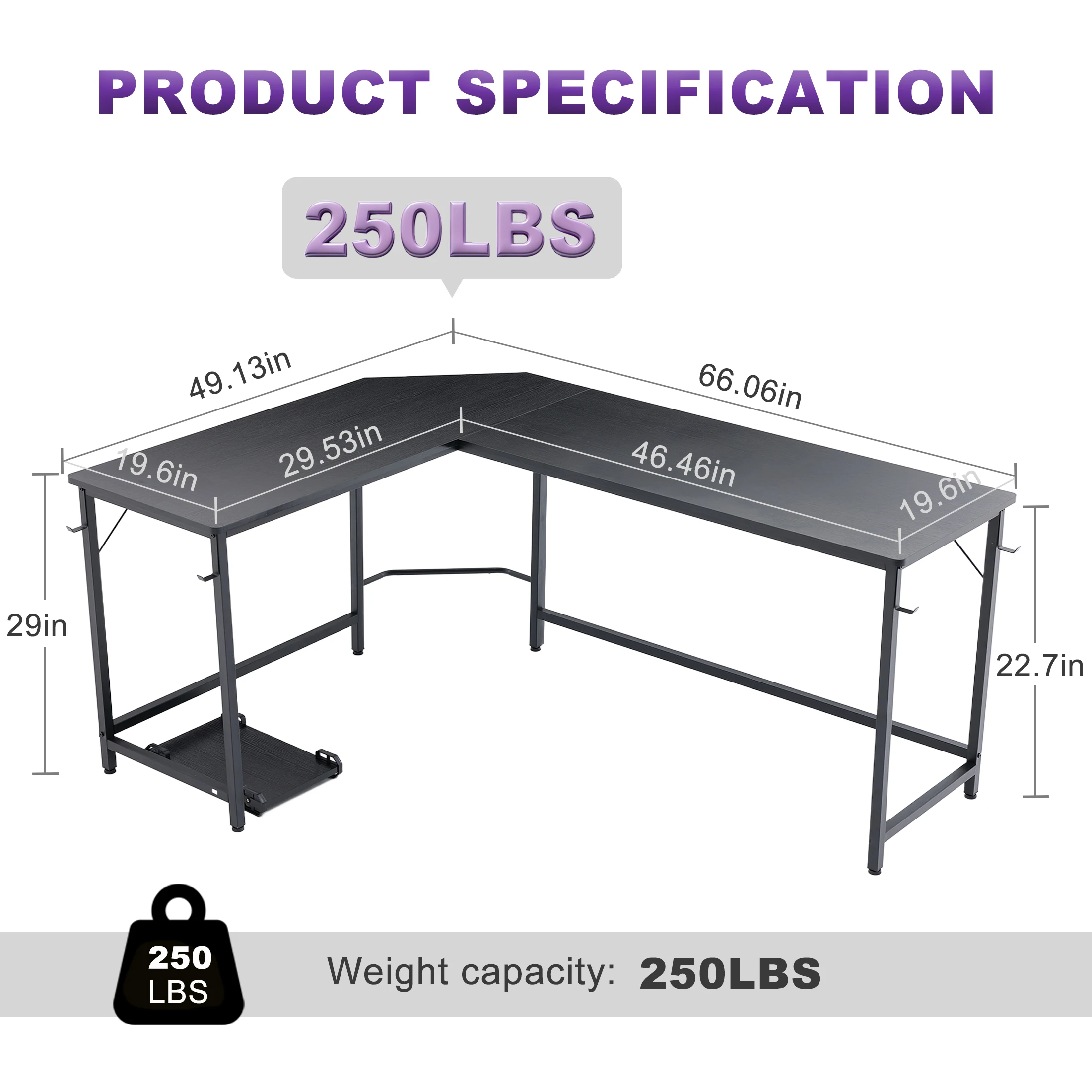 JHK 66 Inch L Shaped Corner Computer Desk Gaming Office Table Iron Hook CPU Stand Home Study Writing Workstation