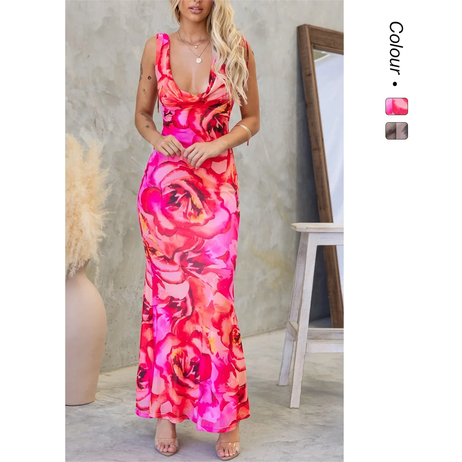 Ele مطبوعة V-Ne Bal Belted Dr عالية الخصر البوليستر محبوك الصيف وصول جديد من الصين للنساء