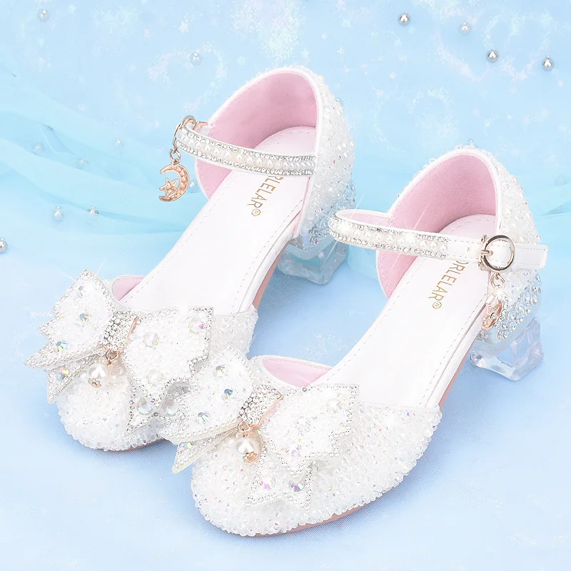 Spring and Autumn Style Sparkling Pearl Girls' High Heel Princess Crystal Shoes Korean Version