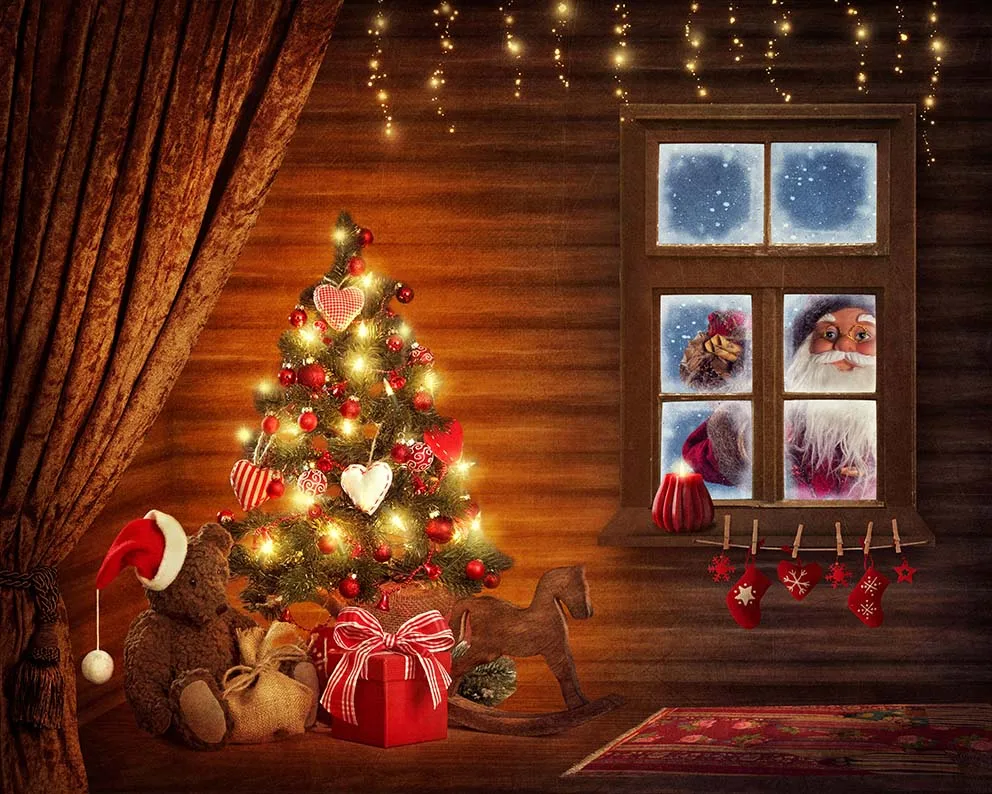 Fondo fotográfico de cabina de madera, pared de ladrillo, árboles de Navidad, luz nocturna, pan de jengibre, Pancarta, accesorios para sesión fotográfica