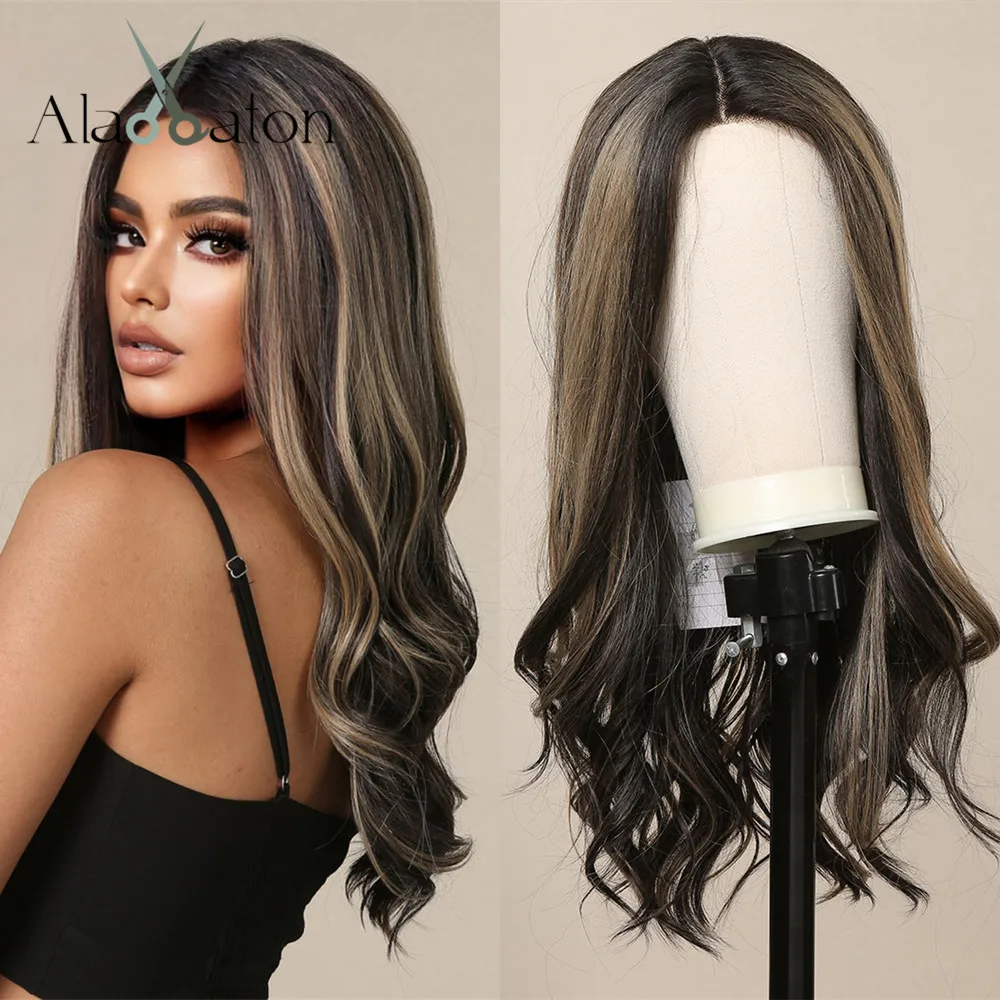 ALAN EATON Black Highlight Water Wavy Lace Front Wigs for Women Long Mixed Synthetic Lace Hair Wig Natural Hairline Fake Hair