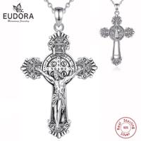 Eudora 925 Sterling Silver Saint Benedict Medal Necklace for Men Women san benedict Cross Amulet Pendant Religious Jewelry Gift