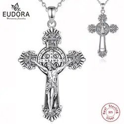 Eudora 925 Sterling Silver Saint Benedict Medal Necklace for Men Women san benedict Cross Amulet Pendant Religious Jewelry Gift