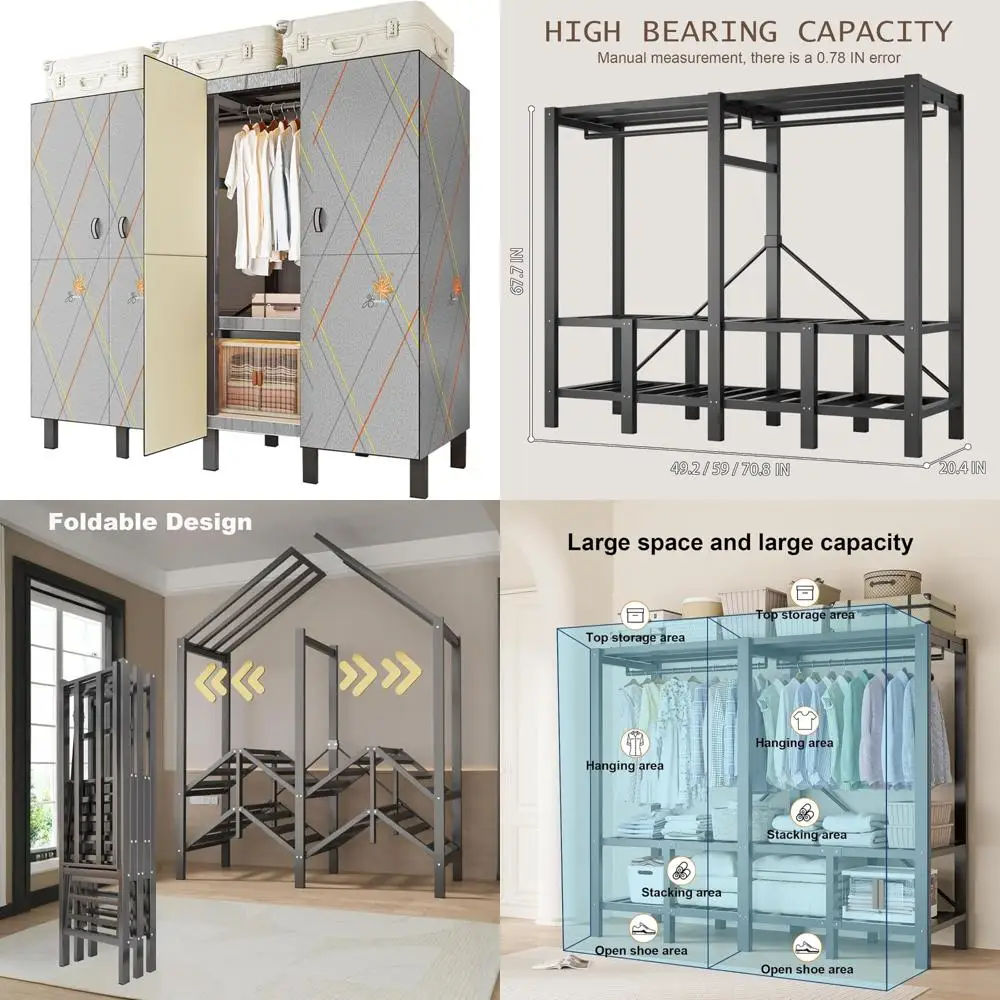 رف ملابس محمول قابل للطي للتعليق مع غطاء - خزانة ملابس شديدة التحمل بسعة 1000 رطل للاستخدامات المتعددة