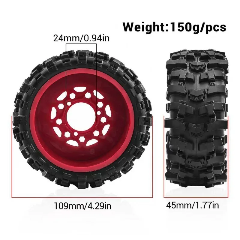 Jeu de roues et pneus de camion à parcours court de 109 mm (4 pièces) avec boulons hexagonaux de 12 mm/14 mm/17 mm pour 1/10 TRX Slash
