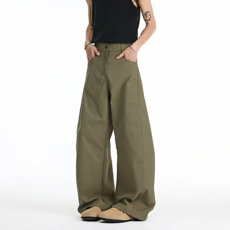 

Новинка лета 2024, мужские деконструированные прямые широкие брюки в стиле милитари, зеленые, из тонкого материала, повседневные модные универсальные брюки в рабочем стиле ​