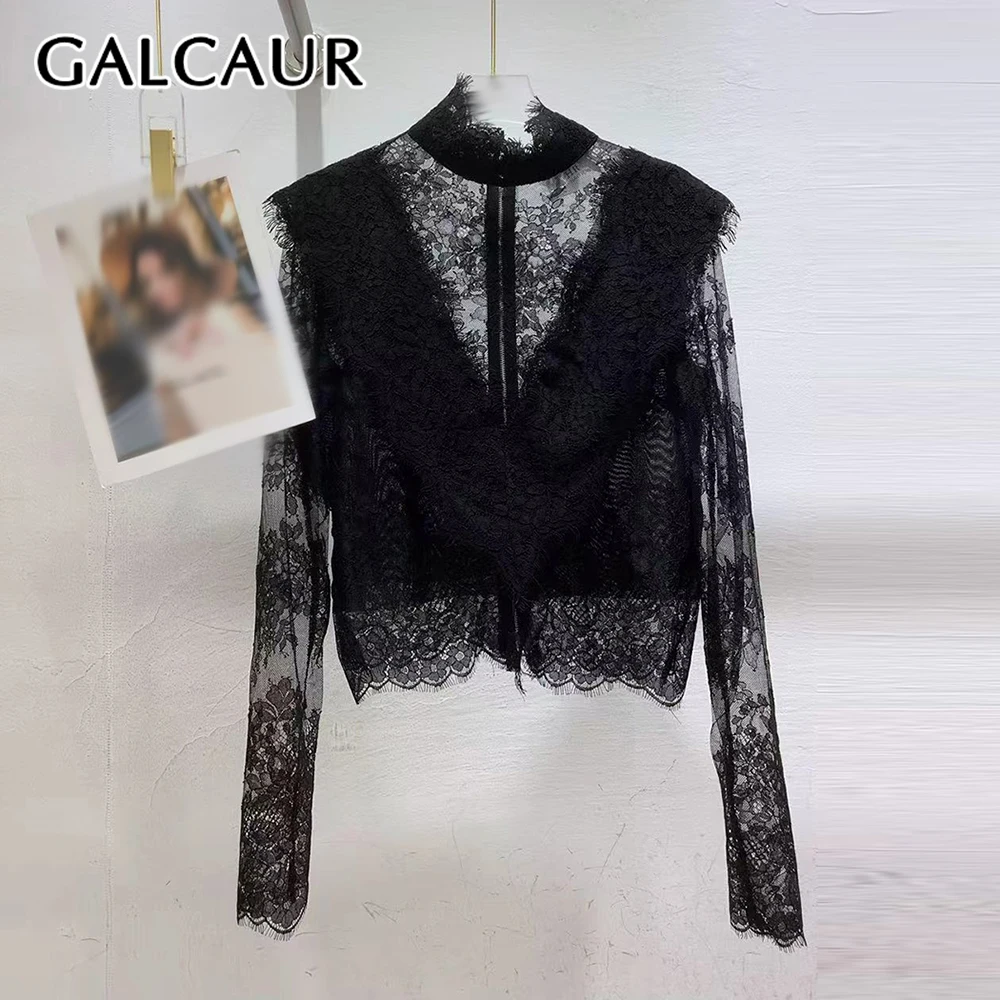 

GALCAUR Solid Spliced Lace Sexy Shirt Female V Neck Long Sleeve Loose Streetwear Sheer Women's Shirts Autumn Fashion New Style