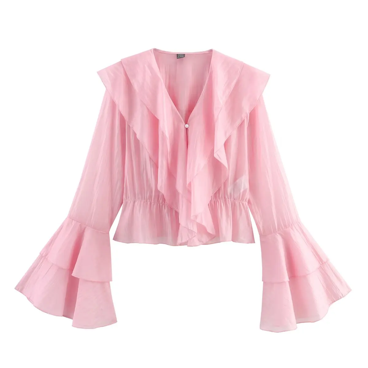 

Korejepo New Women Clothing European American Style Fashionable Simple Versatile Long Sleeved Multi-layer Ruffle Edge V-neck Top