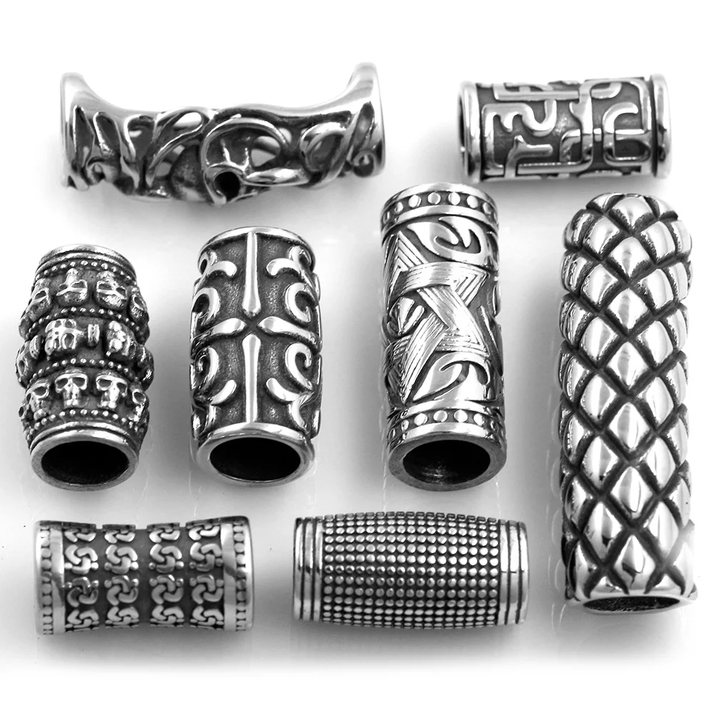 2pcs Stainless Steel Slider Skull Viking Punk 8-9mm Tube Bead Slide Charms Round Leather Rope DIY Men Jewelry Making Supplies